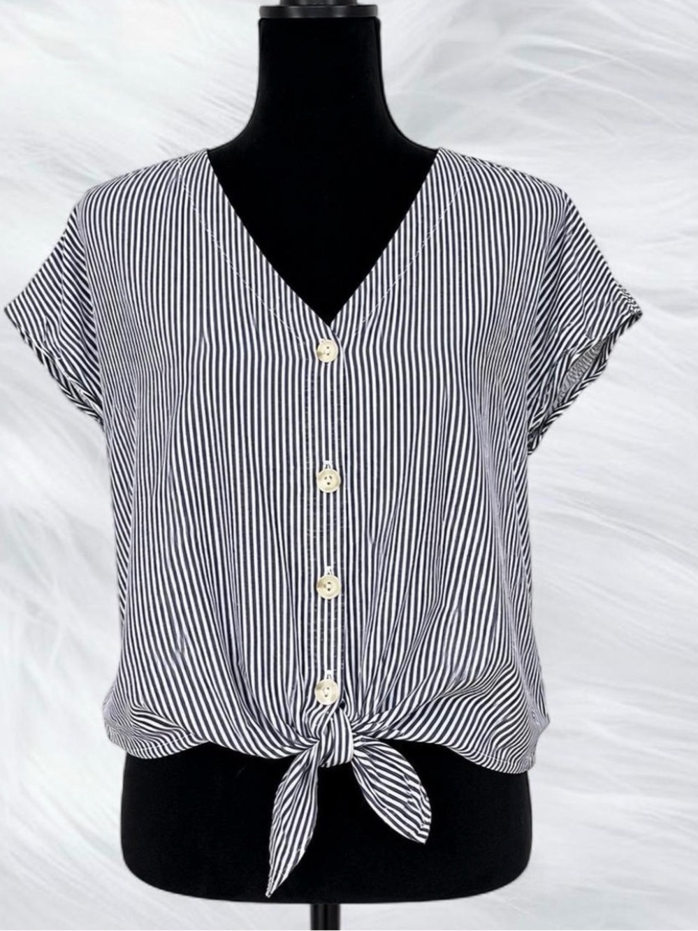 Striped Tie-Front V-Neck Button Top - Black/White